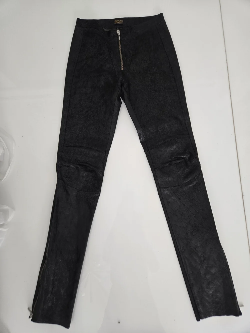 Plein Sud Jeans Black Leather Skinny Pants  Front Zip And Zip Legs, Size 38